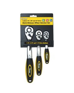 Ratchet Set, 3 Piece, 1/4", 3/8", 1/2" Drive, Quick Release Button, Offset Design, Cushioned Grip