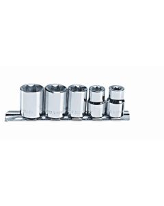 Chrome Socket Set, 5 Piece, 3/8" Drive, 1/4" to 1/2", 8 Point, Shallow, on Clip Rail