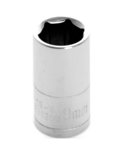 Chrome Socket, 1/4" Drive, 9mm, 6 Point, Shallow