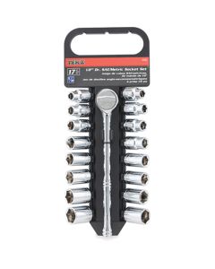 Socket Set, 1/2" Drive, 17 Piece, 3/8" to 13/16" and 10mm to 19mm, 6 Point, Quick Release Ratchet
