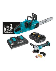 Makita 18V X2 (36V) LXT Li-Ion Brushless Cordless 14 in. Chain Saw Kit (5.0 Ah) and Brushless Angle Grinder