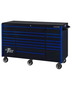 Extreme Tools RX Series 72" 19 Drawer 25" Deep Roller Cabinet, 150 lbs. Slides, Black with Blue Drawer Pulls