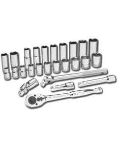 Chrome Socket Set, 1/2" Drive, 12mm to 27mm Shallow, 13mm to 21mm Deep, 6 Point, with Ratchet, Exts