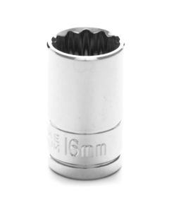Chrome Socket, 1/2" Drive, 16mm, 12 Point, Shallow