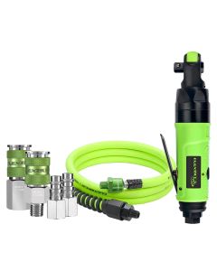 Flexzilla Pro Reactionless Mini Air Ratchet Kit, 3/8" Drive, with Flexzilla Pro Custom Length Whip Hose w/ Ball Swivel, 3/8? x 6' and Flexzilla Pro High Flow Couplers and Plugs