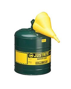 Green Metal Safety Can, Type 1, Five Gallon, with Yellow Plastic Funnel, for Oil