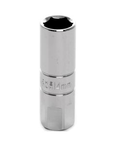 Chrome Spark Plug Socket, 3/8" Drive, 14mm, 6 Point, Deep, with 17mm Hex Bolster
