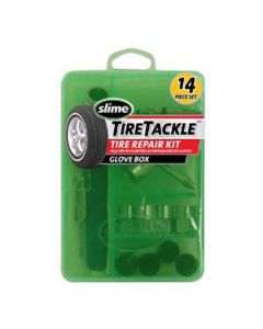 Small Tire Tackle Kit, 14 Piece, with Mini Pencil Gauge, 4 Way Tool, Caps, Valves and Valve Cores