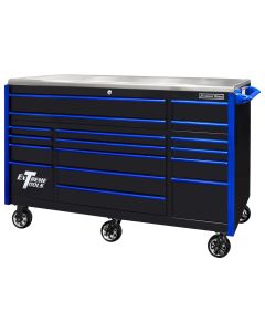 EXQ Series 72"W x 30"D 17 Drawer Professional Triple Bank Roller Cabinet  Black w Blue Quick Release Drawer Pulls