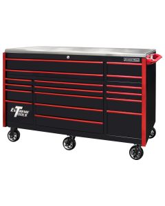 EXQ Series 72"W x 30"D 17 Drawer Professional Triple Bank Roller Cabinet  Black w Red Quick Release Drawer Pulls