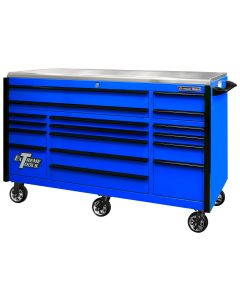 EXQ Series 72"W x 30"D 17 Drawer Professional Triple Bank Roller Cabinet  Blue w Black Quick Release Drawer Pulls
