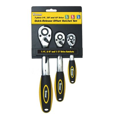 Ratchet Set, 3 Piece, 1/4", 3/8", 1/2" Drive, Quick Release Button, Offset Design, Cushioned Grip