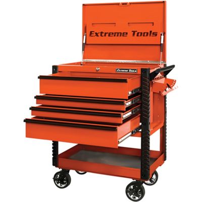 33 4 Drwr Deluxe Tool Cart w/Bumpers, Orange w/Black Quick Release Drwr Pulls