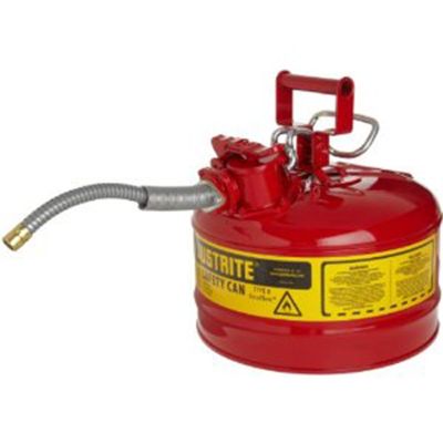 Red Metal Safety Can, Type ll, 2-1/2 Gallon Capacity, 5/8" x 9" Flexible Metal Hose, for Gasoline