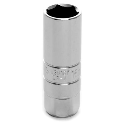 Chrome Spark Plug Socket, 3/8" Drive, 16mm, 6 Point, Deep, with 19mm Hex Bolster