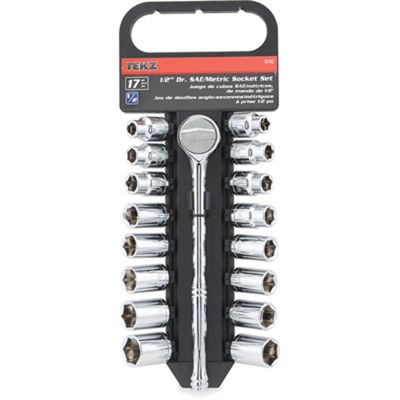 Socket Set, 1/2" Drive, 17 Piece, 3/8" to 13/16" and 10mm to 19mm, 6 Point, Quick Release Ratchet