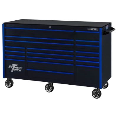 Extreme Tools RX Series 72" 19 Drawer 25" Deep Roller Cabinet, 150 lbs. Slides, Black with Blue Drawer Pulls
