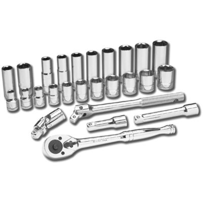 Chrome Socket Set, 1/2" Drive, 12mm to 27mm Shallow, 13mm to 21mm Deep, 6 Point, with Ratchet, Exts