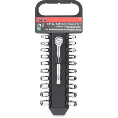 Socket Set, 1/4" Drive, 21 Piece, 5/32" to 1/2" and 4mm to 13mm, 6 Point, Quick Release Ratchet
