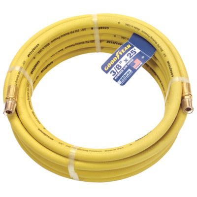 Rubber Air Hose, 3/8" I.D. x 25 ft, 1/4" NPT Male Fittings, 250 PSI, Yellow, Made in U.S.A.