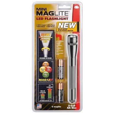 Mini Maglite Holster Package, Gray Pewter, 2 AA Batteries, LED Bulb, Black Polypropylene Holster, Bl