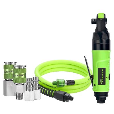 Flexzilla Pro Reactionless Mini Air Ratchet Kit, 3/8" Drive, with Flexzilla Pro Custom Length Whip Hose w/ Ball Swivel, 3/8? x 6' and Flexzilla Pro High Flow Couplers and Plugs