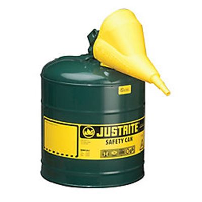 Green Metal Safety Can, Type 1, Five Gallon, with Yellow Plastic Funnel, for Oil