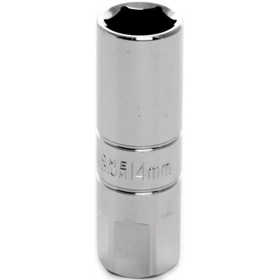 Chrome Spark Plug Socket, 3/8" Drive, 14mm, 6 Point, Deep, with 17mm Hex Bolster