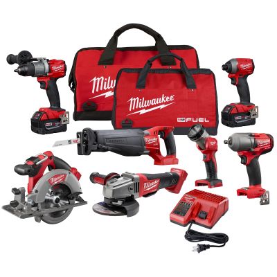 Milwaukee M18 7-Piece Combo Drivers/ Saws/ Impact Wrench/ Light/ Grinder with (2) XC Batteries Kit