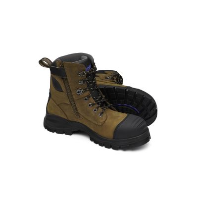 BLU983-050 image(0) - Blundstone 983 Steel Toe Lace Up Side Zip, Water Resistant, Bump Cap, Puncture Resistant Insole, Crazy Horse Brown