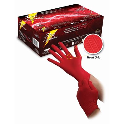 Red Lightning Nitrile Gloves with Tread Grip, Size Large