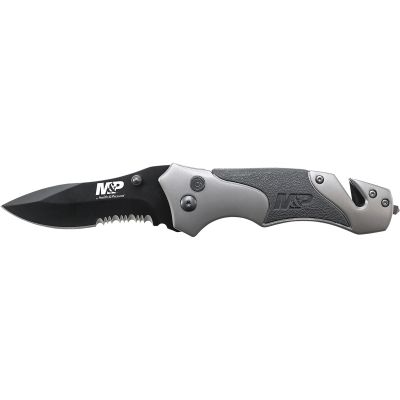 Smith & Wesson Military & Police Plunge Lock Folding Knife Partially Serrated Drop Point Blade Rubber Injectied Aluminum Handle