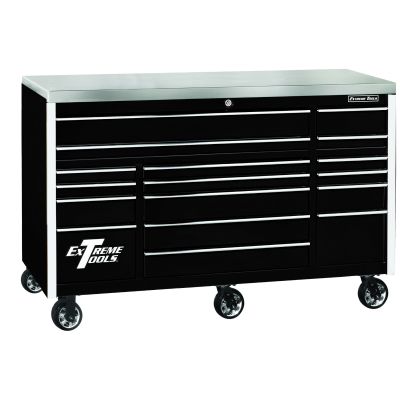 EXQ Series 72"W x 30"D 17 Drawer Professional Triple Bank Roller Cabinet Black w Chrome Quick Release Drawer Pulls