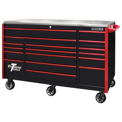 EXQ Series 72"W x 30"D 17 Drawer Professional Triple Bank Roller Cabinet Black w Red Quick Release Drawer Pulls