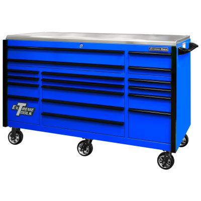 EXQ Series 72"W x 30"D 17 Drawer Professional Triple Bank Roller Cabinet Blue w Black Quick Release Drawer Pulls