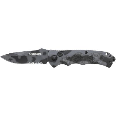 Schrade Push Button Lock Folding Knife Partially Serrated Drop Point Blade
