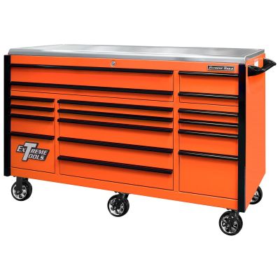 EXTEX7217RCQORBK image(0) - EXQ Professional Series 72"Wx30"D 17 Drawer Triple Bank Roller Cabinet, Orange with Black Quick Release Anodized Aluminum Drw Pulls, 300-600 lbs. Drw Capacity, Stainless Steel Top
