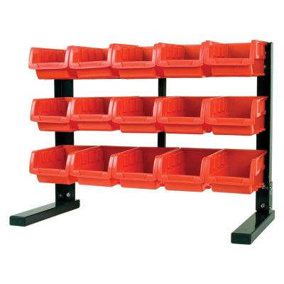 WLMW5186 image(0) - Table Top Storage Rack with 15 Red Plastic Bins, S